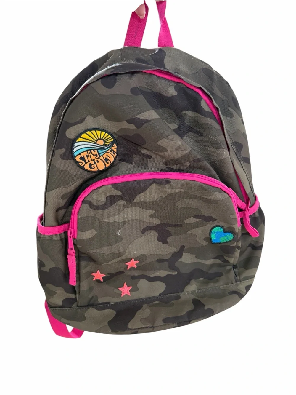GAP Kids Gray Camo Backpack with Pink Trim and Heart Patch